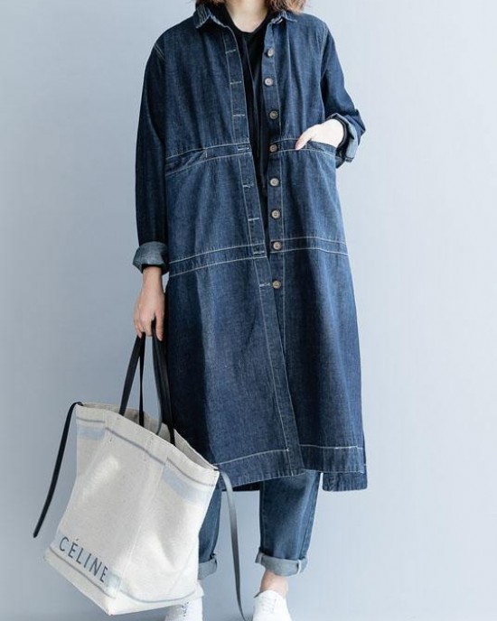 Chic side open Fine coats women denim blue loose jackets fall Chic side open Fine coats women denim blue loose jackets fall