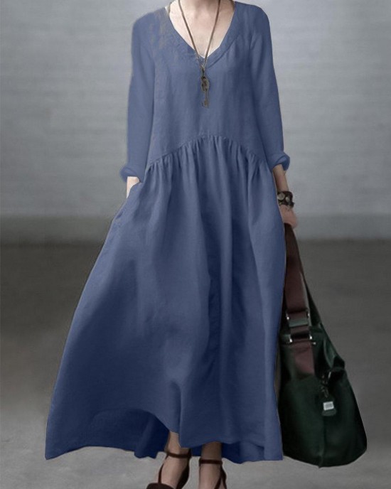 Simple and Loose V-neck Cotton and Linen Dress Simple and Loose V-neck Cotton and Linen Dress