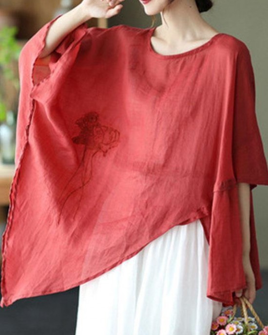 Art Black Asymmetrical Design Embroideried Summer Ramie Shirt Tops Art Black Asymmetrical Design Embroideried Summer Ramie Shirt Tops