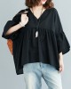 Black V Neck Patchwork Asymmetrical Design Fall Top Three Quarter sleeve Black V Neck Patchwork Asymmetrical Design Fall Top Three Quarter sleeve