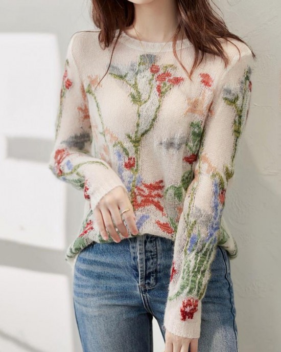 French O-Neck Floral Hollow Out Knit Sweaters Spring French O-Neck Floral Hollow Out Knit Sweaters Spring