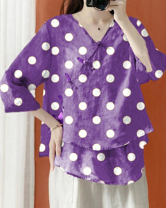 Beautiful Purple Asymmetrical Print cotton blend Blouses Half Sleeve
