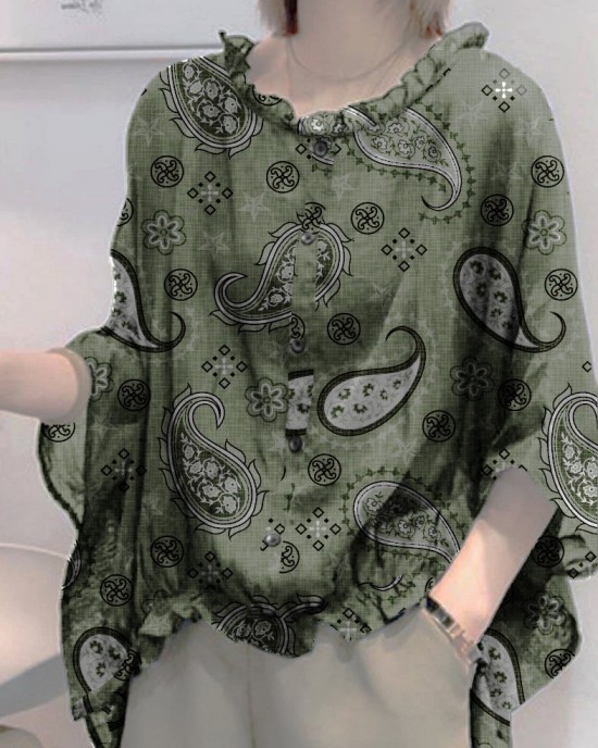 Art Navy Tops Ruffles Trim Half Sleeve Shirts Blouse Plus Size