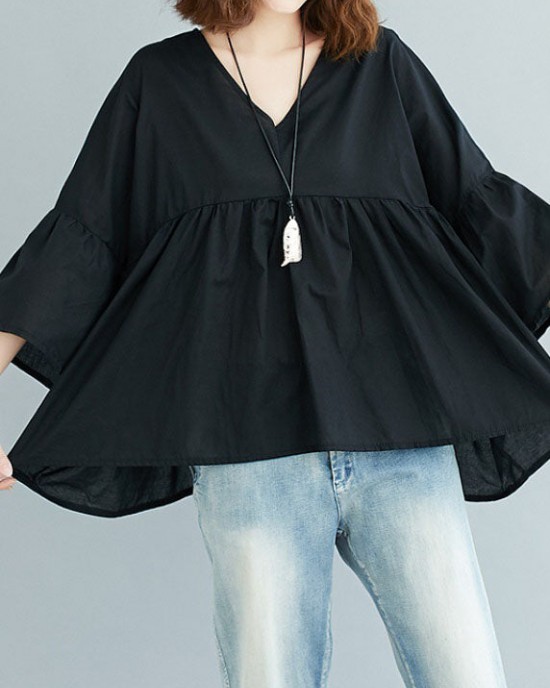 Black V Neck Patchwork Asymmetrical Design Fall Top Three Quarter sleeve Black V Neck Patchwork Asymmetrical Design Fall Top Three Quarter sleeve