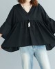 Black V Neck Patchwork Asymmetrical Design Fall Top Three Quarter sleeve Black V Neck Patchwork Asymmetrical Design Fall Top Three Quarter sleeve