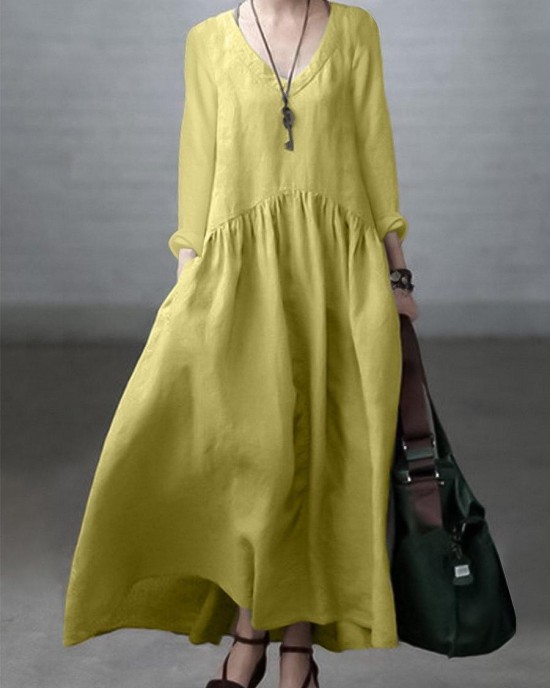 Simple and Loose V-neck Cotton and Linen Dress Simple and Loose V-neck Cotton and Linen Dress