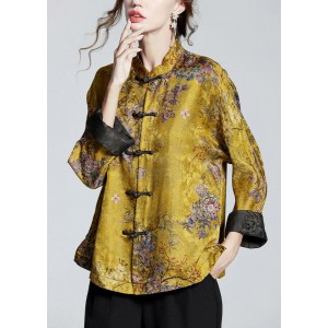 Chinese Style Golden Brown Stand Collar Button Print Silk Coats Long Sleeve