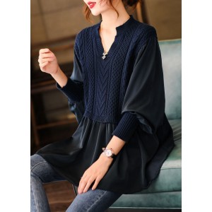 Navy Knit Blouses Puff Sleeve Winter Top