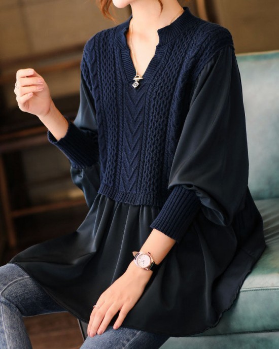 Navy Knit Blouses Puff Sleeve Winter Top Navy Knit Blouses Puff Sleeve Winter Top