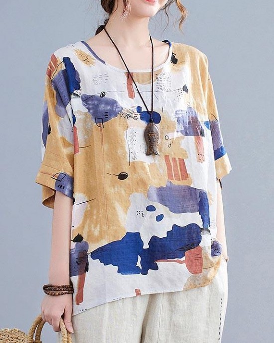 Simple Yellow Print Cotton Linen Shirt Top Summer Simple Yellow Print Cotton Linen Shirt Top Summer
