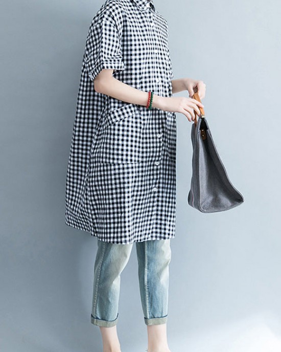 Unique black white plaid cotton linen shirts women stylish lapel pockets oversized Summer shirts Unique black white plaid cotton linen shirts women stylish lapel pockets oversized Summer shirts