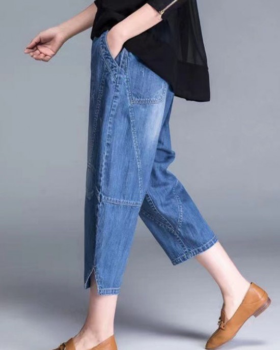 Plus Size Blue Pockets Patchwork lantern Fall Denim Pants Plus Size Blue Pockets Patchwork lantern Fall Denim Pants