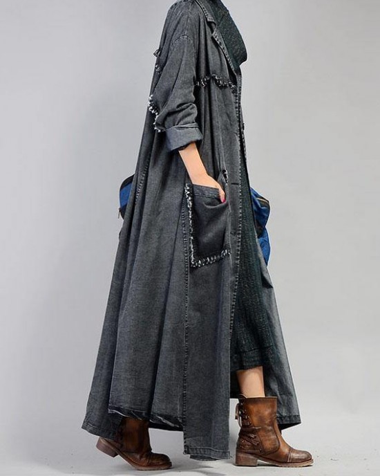 New plus size maxi coat fall denim black Notched Large pockets coat for woman New plus size maxi coat fall denim black Notched Large pockets coat for woman