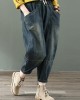 Spring nine points cross pants denim harem pants female elastic waist retro loose trousers Spring nine points cross pants denim harem pants female elastic waist retro loose trousers