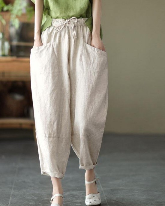 Art Khaki Tie Waist Pockets Summer Harem Pants Linen Art Khaki Tie Waist Pockets Summer Harem Pants Linen