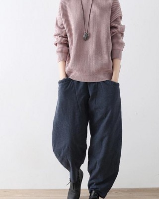 2025 winter dark blue cotton pants warm thick oversized linen pants casual cozy style