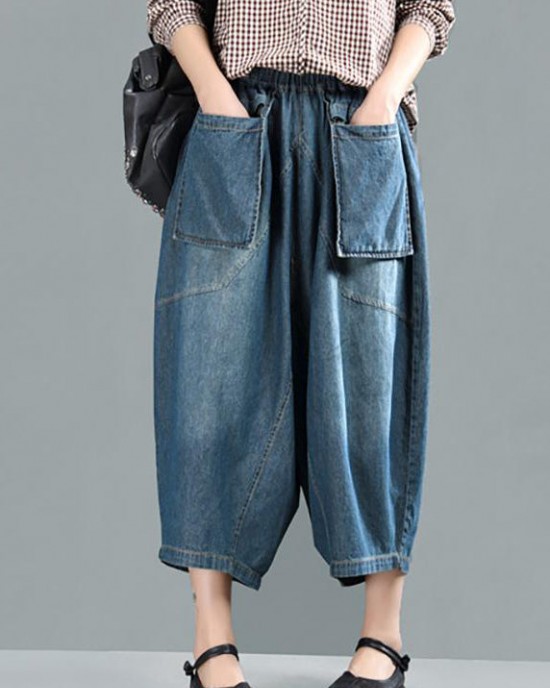 Women Spring Casual Big Pockets Solid Loose Jeans Women Spring Casual Big Pockets Solid Loose Jeans