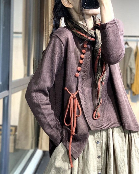 Casual Chocolate O-Neck Button Asymmetrical Design Fall Sweater Casual Chocolate O-Neck Button Asymmetrical Design Fall Sweater
