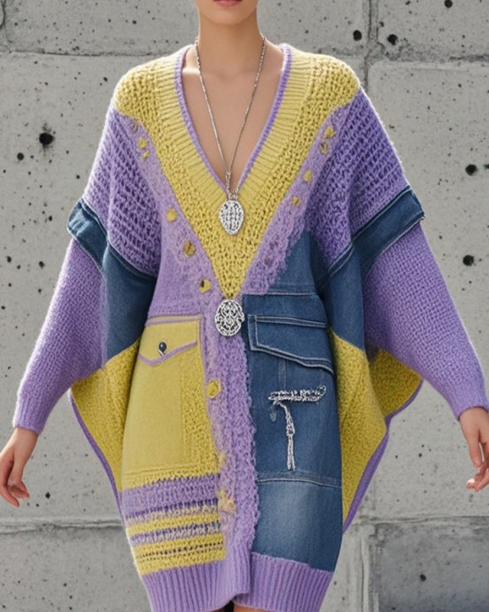 Elegant Purple Asymmetrical Patchwork Denim Long Sweater Batwing Sleeve Elegant Purple Asymmetrical Patchwork Denim Long Sweater Batwing Sleeve