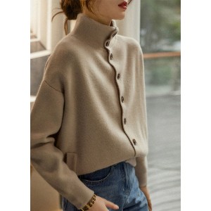 Loose Light Camel Turtleneck Button Thick Knit Sweaters Long Sleeve