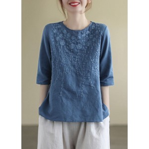 French Navy O-Neck Embroideried Cotton Blouses Half Sleeve