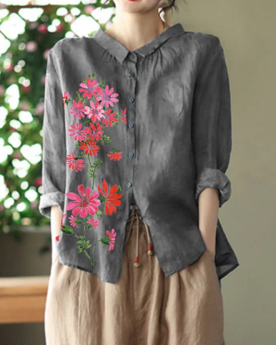 Retro Peacock Green Peter Pan Collar Print Button Wrinkled Shirts Long Sleeve Retro Peacock Green Peter Pan Collar Print Button Wrinkled Shirts Long Sleeve