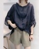 Art Navy Tops Ruffles Trim Half Sleeve Shirts Blouse Plus Size