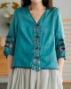 Women Yellow Casual Ramie Cardigan Embroidered Shirt Women Yellow Casual Ramie Cardigan Embroidered Shirt