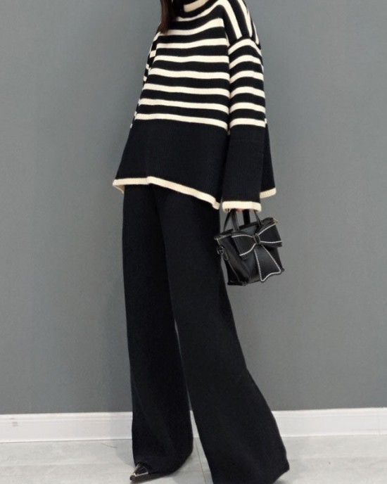 Beautiful Black Turtle Neck Striped Knit Two Piece Suit Set Spring