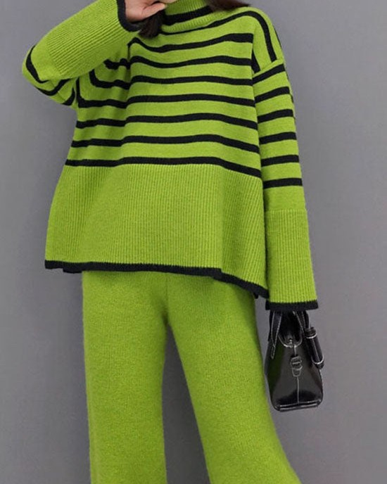 Organic Green Turtle Neck Striped wide leg pants Knit Two Pieces Set Spring Organic Green Turtle Neck Striped wide leg pants Knit Two Pieces Set Spring