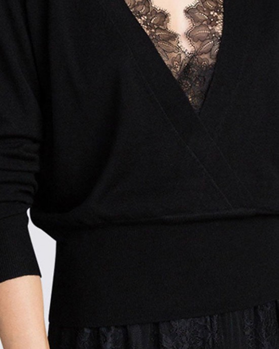 Women Black V Neck Lace Patchwork Hollow Out Wool Knitted Tops Winter Women Black V Neck Lace Patchwork Hollow Out Wool Knitted Tops Winter
