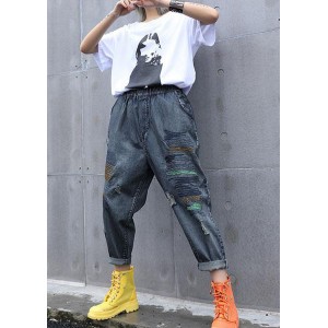 High waist summer nine points embroidery vintage broken hole carrot pants