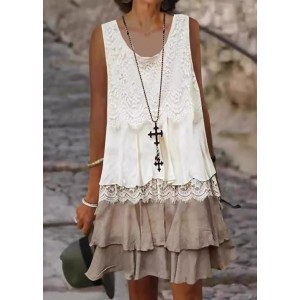 Loose White O-Neck Lace Patchwork Mid Dress Sleeveless