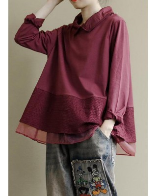 Art Burgundy Patchwork Baggy Shirt Clothes Lapel