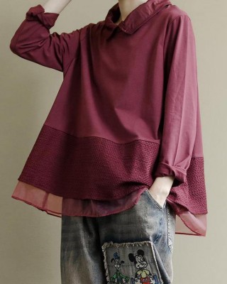 Art Burgundy Patchwork Baggy Shirt Clothes Lapel