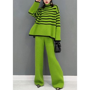 Organic Green Turtle Neck Striped wide leg pants Knit Two Pieces Set Spring