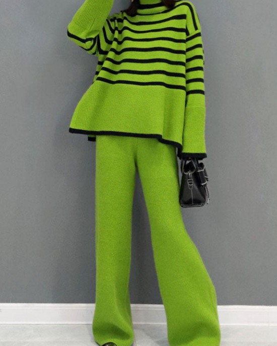 Organic Green Turtle Neck Striped wide leg pants Knit Two Pieces Set Spring Organic Green Turtle Neck Striped wide leg pants Knit Two Pieces Set Spring
