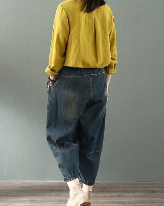 Spring nine points cross pants denim harem pants female elastic waist retro loose trousers Spring nine points cross pants denim harem pants female elastic waist retro loose trousers
