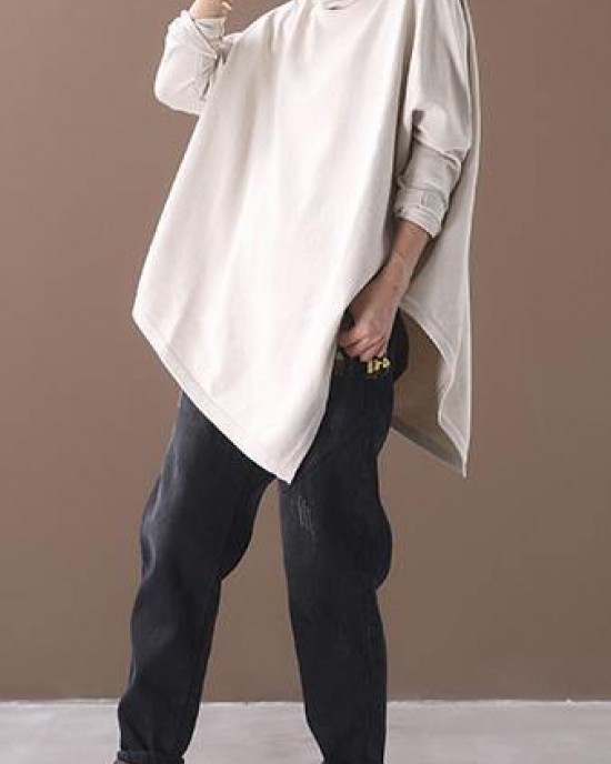 DIY asymmetric hem cotton high neck blouses for women Fabrics beige white tops DIY asymmetric hem cotton high neck blouses for women Fabrics beige white tops