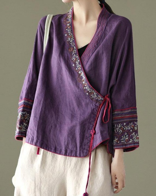 Women Red Embroideried Long sleeve Linen Shirt Women Red Embroideried Long sleeve Linen Shirt