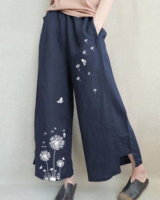 Handmade Khaki Print Dandelion Wide Leg Pants Summer Cotton Linen Handmade Khaki Print Dandelion Wide Leg Pants Summer Cotton Linen
