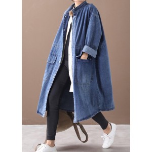 French denim blue Plus Size box coat Shape stand collar drawstring coat
