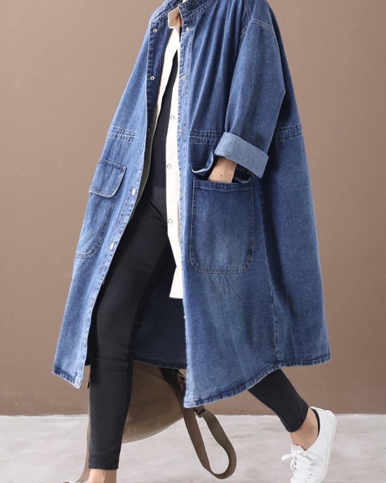 French denim blue Plus Size box coat Shape stand collar drawstring coat French denim blue Plus Size box coat Shape stand collar drawstring coat