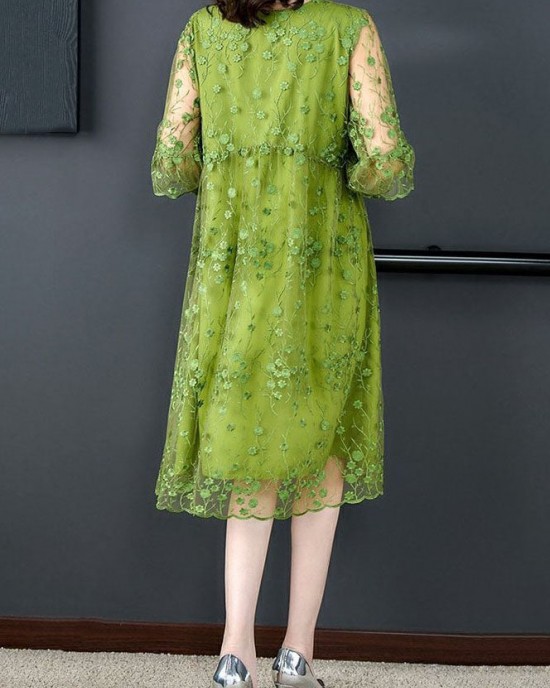 Chic Green O Neck Embroidered Patchwork Tulle Mid Dress Summer Chic Green O Neck Embroidered Patchwork Tulle Mid Dress Summer