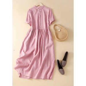 Unique Pink Peter Pan Collar Wrinkled Linen Holiday Dress Short Sleeve