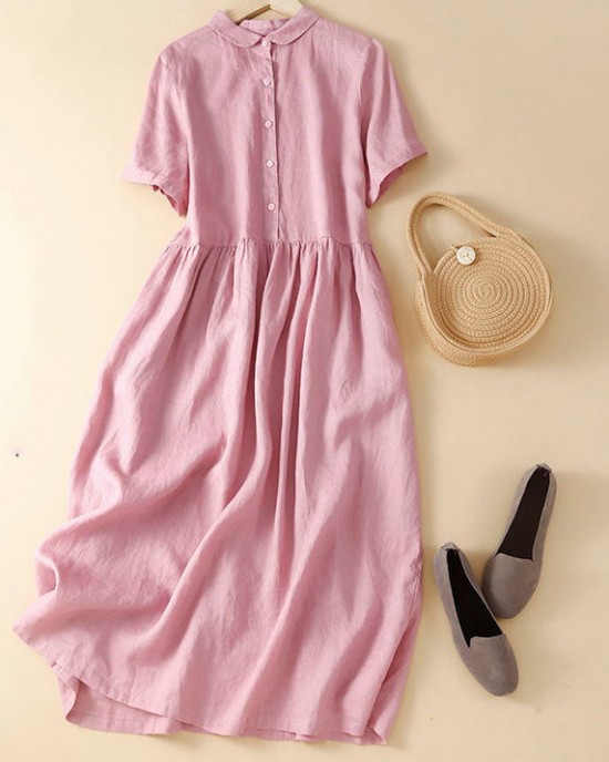 Unique Pink Peter Pan Collar Wrinkled Linen Holiday Dress Short Sleeve Unique Pink Peter Pan Collar Wrinkled Linen Holiday Dress Short Sleeve