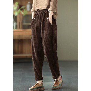 Vintage Chocolate Thick Button Pockets Straight Casual Fall Pants