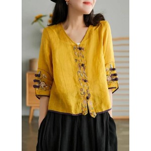 Women Yellow Casual Ramie Cardigan Embroidered Shirt