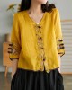 Women Yellow Casual Ramie Cardigan Embroidered Shirt Women Yellow Casual Ramie Cardigan Embroidered Shirt
