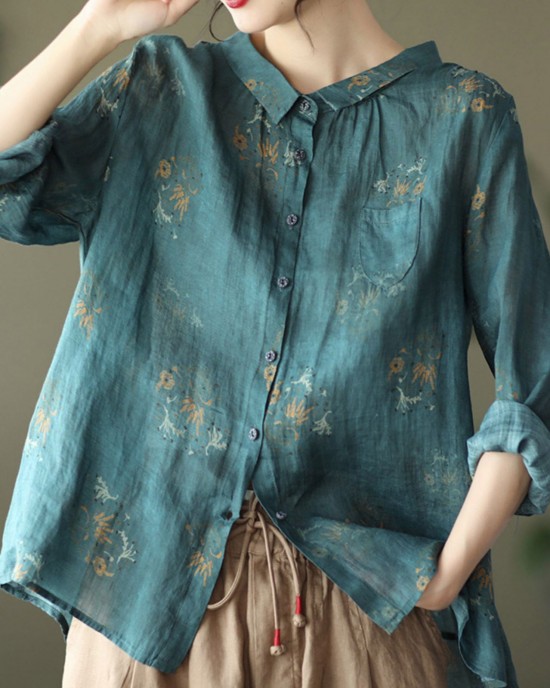 Retro Peacock Green Peter Pan Collar Print Button Wrinkled Shirts Long Sleeve Retro Peacock Green Peter Pan Collar Print Button Wrinkled Shirts Long Sleeve